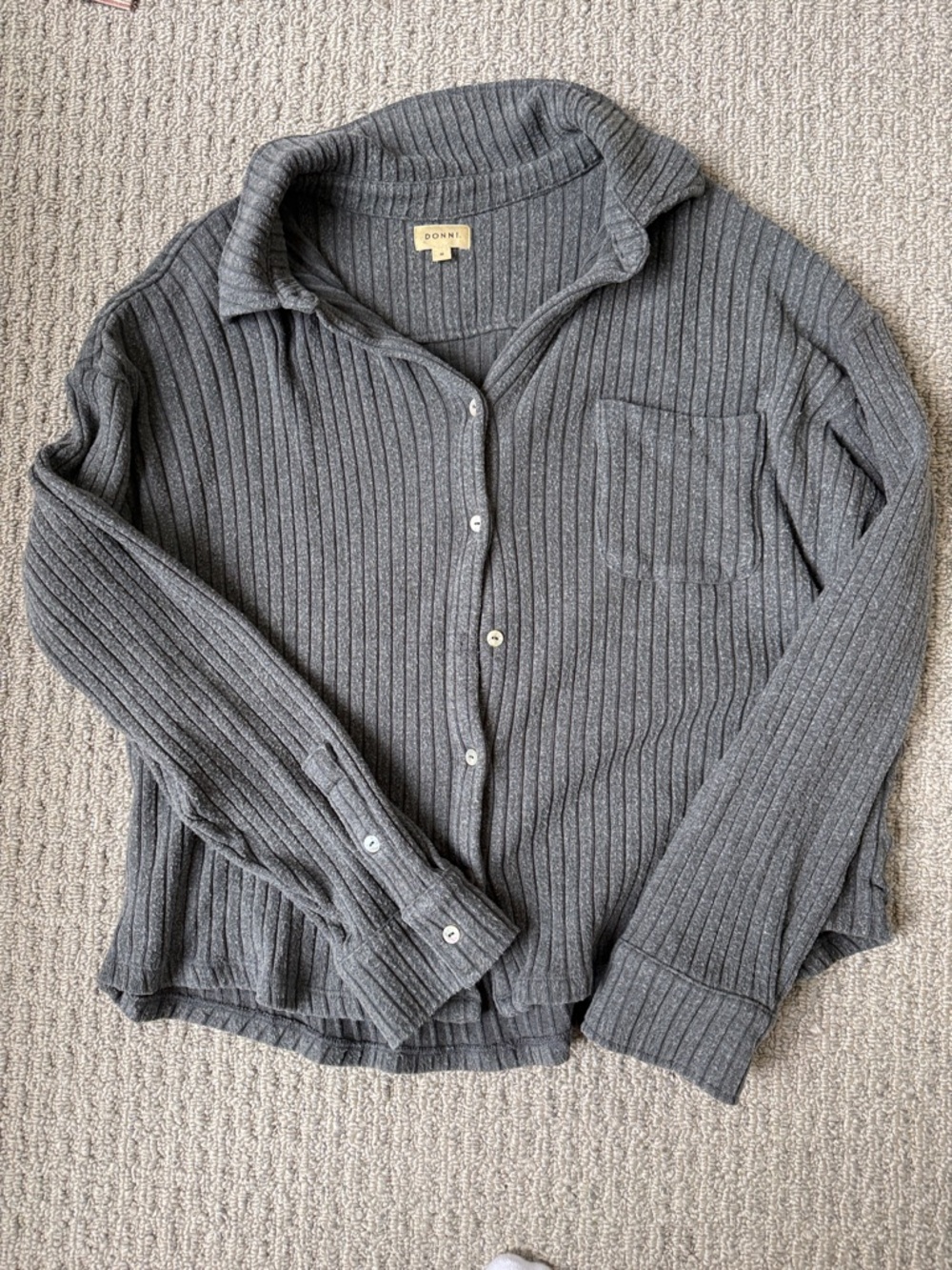 DONNI. Ribbed Button-Down Shirt Jacket in Gray